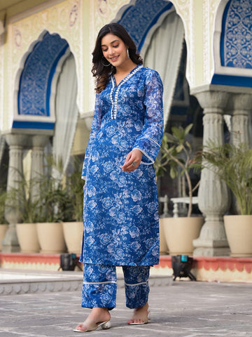 Varanga Women Blue Kota Check Floral Printed Kurta With Bottom